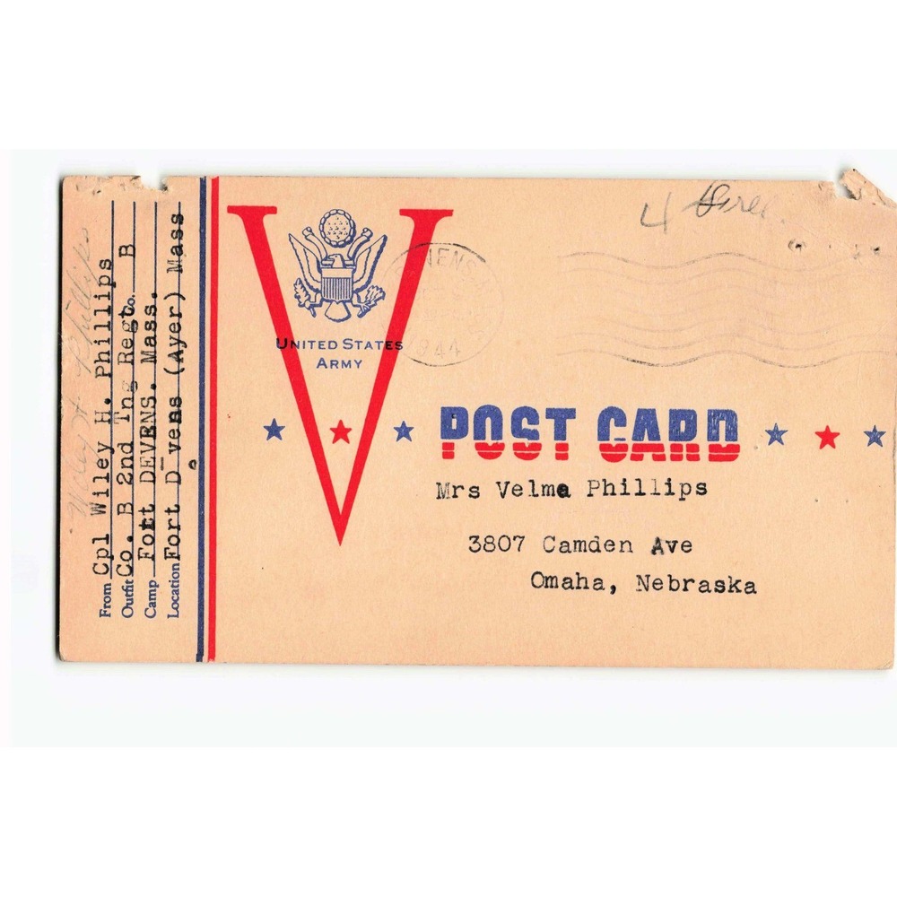 Vintage 1944 WWII US Army V-Mail Postcard Fort Devens MA Cpl Wiley Phillips